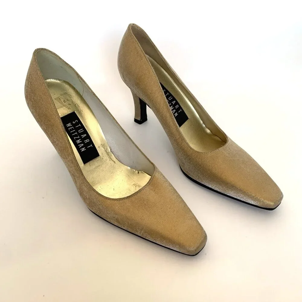Stuart Weitzman Womans Size 5 1/2 B Gold Satin Square Toe Pumps High Heel Shoes - Picture 2 of 15